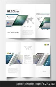 Tri-fold brochure business templates on both sides. Easy editable abstract layout in flat design, vector illustration. Chemistry pattern, hexagonal molecule structure. Medicine, science, technology concept.