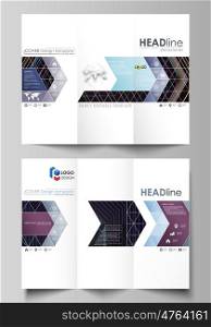 Tri-fold brochure business templates on both sides. Easy editable abstract vector layout in flat design. Abstract polygonal background with hexagons, illusion of depth and perspective. Black color geometric design, hexagonal geometry.
