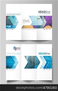 Tri-fold brochure business templates on both sides. Easy editable abstract layout in flat design, vector illustration. Bright color pattern, colorful design with overlapping shapes forming abstract beautiful background.