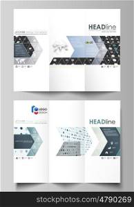 Tri-fold brochure business templates on both sides. Easy editable abstract vector layout in flat design. Abstract soft color dots with illusion of depth and perspective, dotted technology background. Multicolored particles, modern pattern, elegant texture, vector design.