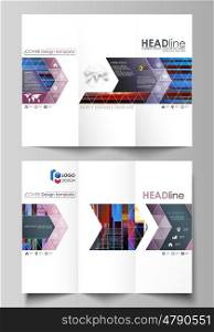 Tri-fold brochure business templates on both sides. Easy editable abstract layout in flat design, vector illustration. Glitched background made of colorful pixel mosaic. Digital decay, signal error, television fail. Trendy glitch backdrop.