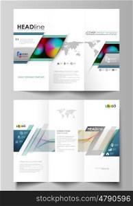 Tri-fold brochure business templates on both sides. Easy editable abstract layout in flat design, vector illustration. Colorful design with overlapping geometric shapes and waves forming abstract beautiful background.