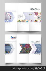 Tri-fold brochure business templates on both sides. Easy editable abstract vector layout in flat design. Bright color background in minimalist style made from colorful circles.. Tri-fold brochure business templates on both sides. Easy editable abstract vector layout in flat design. Bright color background in minimalist style made from colorful circles