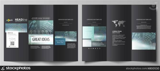 Tri-fold brochure business templates on both sides. Easy editable abstract vector layout in flat design. Technology background in geometric style made from circles.. Tri-fold brochure business templates on both sides. Easy editable abstract vector layout in flat design. Technology background in geometric style made from circles