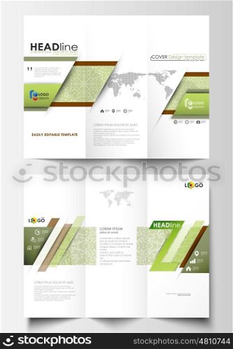Tri-fold brochure business templates on both sides. Easy editable abstract layout in flat design, vector illustration. Green color background with leaves. Spa concept in linear style. Vector decoration