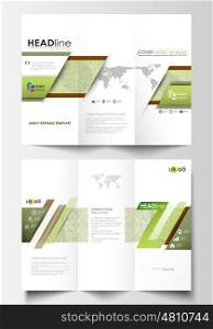 Tri-fold brochure business templates on both sides. Easy editable abstract layout in flat design, vector illustration. Green color background with leaves. Spa concept in linear style. Vector decoration