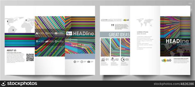 Tri-fold brochure business templates on both sides. Easy editable abstract vector layout in flat design. Bright color lines, colorful style with geometric shapes forming beautiful minimalist background.