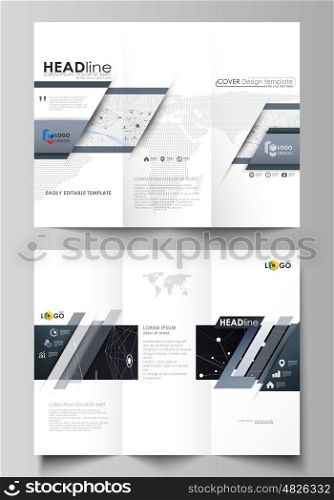 Tri-fold brochure business templates on both sides. Easy editable abstract vector layout in flat design. Abstract infographic background in minimalist style made from lines, symbols, charts, diagrams and other elements.