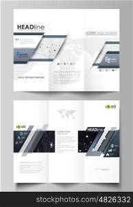 Tri-fold brochure business templates on both sides. Easy editable abstract vector layout in flat design. Abstract infographic background in minimalist style made from lines, symbols, charts, diagrams and other elements.