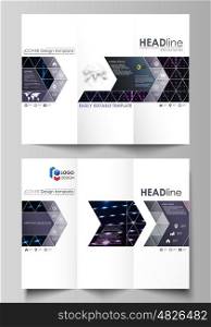 Tri-fold brochure business templates on both sides. Easy editable abstract vector layout in flat design. Abstract colorful neon dots, dotted technology background. Glowing particles, led light pattern, futuristic texture, digital vector design.