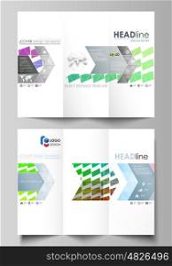 Tri-fold brochure business templates on both sides. Easy editable abstract vector layout in flat design. Colorful rectangles, moving dynamic shapes forming abstract polygonal style background.
