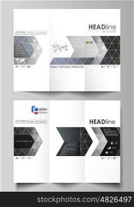 Tri-fold brochure business templates on both sides. Easy editable abstract vector layout in flat design. Colorful dark background with abstract lines. Bright color chaotic, random, messy curves. Colourful vector decoration.