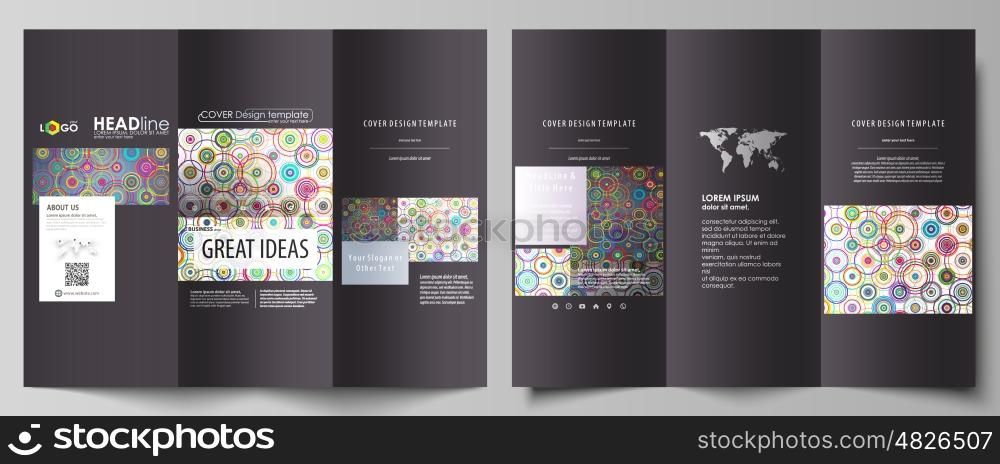 Tri-fold brochure business templates on both sides. Easy editable abstract vector layout in flat design. Bright color background in minimalist style made from colorful circles.. Tri-fold brochure business templates on both sides. Easy editable abstract vector layout in flat design. Bright color background in minimalist style made from colorful circles