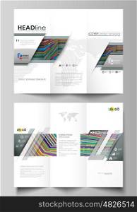 Tri-fold brochure business templates on both sides. Easy editable abstract vector layout in flat design. Bright color lines, colorful style with geometric shapes forming beautiful minimalist background.
