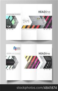 Tri-fold brochure business templates on both sides. Easy editable abstract layout in flat design, vector illustration. Bright color rectangles, colorful design, geometric rectangular shapes forming abstract beautiful background