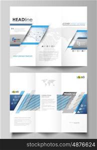 Tri-fold brochure business templates on both sides. Easy editable abstract vector layout in flat design. Blue color abstract infographic background in minimalist style made from lines, symbols, charts, diagrams and other elements.