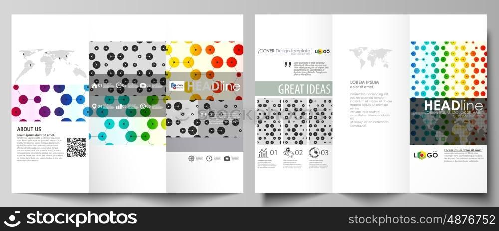 Tri-fold brochure business templates on both sides. Easy editable abstract vector layout in flat design. Chemistry pattern, hexagonal design molecule structure, scientific, medical DNA research. Geometric colorful background.