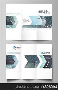 Tri-fold brochure business templates on both sides. Easy editable abstract vector layout in flat design. Technology background in geometric style made from circles.. Tri-fold brochure business templates on both sides. Easy editable abstract vector layout in flat design. Technology background in geometric style made from circles