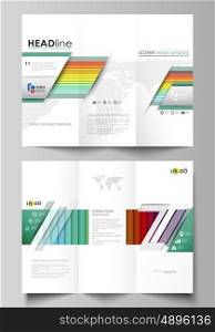 Tri-fold brochure business templates on both sides. Easy editable abstract layout in flat design, vector illustration. Bright color rectangles, colorful design, overlapping geometric rectangular shapes forming abstract beautiful background