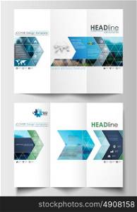 Tri-fold brochure business templates on both sides. Flat design blue color travel decoration layout, easy editable vector template, colorful blurred natural landscape.. Tri-fold brochure business templates on both sides. Flat design blue color travel decoration layout, easy editable vector template, colorful blurred natural landscape