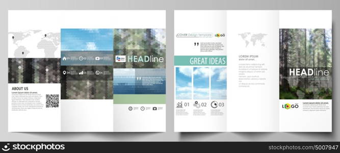 Tri-fold brochure business templates on both sides. Easy editable abstract vector layout in flat design. Colorful background made of triangular or hexagonal texture for travel business, natural landscape in polygonal style.