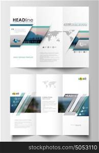 Tri-fold brochure business templates on both sides. Flat design blue color travel decoration layout, easy editable vector template, colorful blurred natural landscape.. Tri-fold brochure business templates on both sides. Flat design blue color travel decoration layout, easy editable vector template, colorful blurred natural landscape