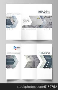 Tri-fold brochure business templates on both sides. Easy editable abstract vector layout in flat design. Pattern made from squares, gray background in geometrical style. Simple texture.. Tri-fold brochure business templates on both sides. Easy editable abstract vector layout in flat design. Pattern made from squares, gray background in geometrical style. Simple texture