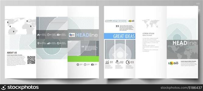 Tri-fold brochure business templates on both sides. Easy editable abstract vector layout in flat design. Minimalistic background with lines. Gray color geometric shapes forming beautiful pattern.. Tri-fold brochure business templates on both sides. Easy editable abstract vector layout in flat design. Minimalistic background with lines. Gray color geometric shapes forming simple beautiful pattern.