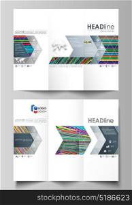 Tri-fold brochure business templates on both sides. Easy editable abstract vector layout in flat design. Bright color lines, colorful style with geometric shapes, beautiful minimalist background.. Tri-fold brochure business templates on both sides. Easy editable abstract vector layout in flat design. Bright color lines, colorful style with geometric shapes forming beautiful minimalist background.