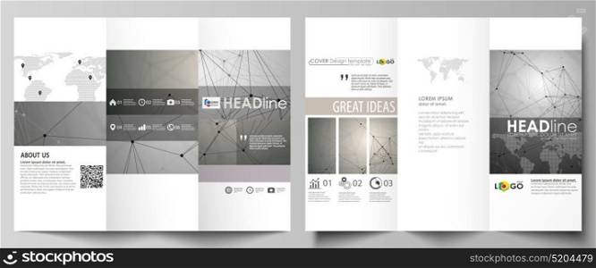 Tri-fold brochure business templates on both sides. Easy editable abstract vector layout in flat design. Chemistry pattern, molecule structure on gray background. Science and technology concept.. Tri-fold brochure business templates on both sides. Easy editable abstract vector layout in flat design. Chemistry pattern, molecule structure on gray background. Science and technology concept