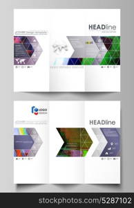 Tri-fold brochure business templates on both sides. Easy editable abstract vector layout in flat design. Glitched background made of colorful pixel mosaic. Digital decay, signal error, television fail. Tri-fold brochure business templates. Easy editable abstract vector layout in flat design. Glitched background made of colorful pixel mosaic. Digital decay, signal error, television fail.