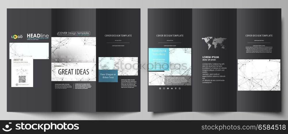 Tri-fold brochure business templates on both sides. Easy editable abstract vector layout in flat design. Chemistry pattern, connecting lines and dots, molecule structure on white, geometric graphic background.. Tri-fold brochure business templates on both sides. Abstract vector layout in flat design. Chemistry pattern, connecting lines and dots, molecule structure on white, geometric graphic background.