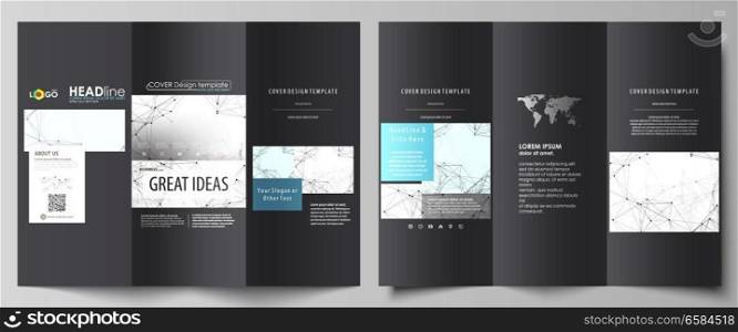 Tri-fold brochure business templates on both sides. Easy editable abstract vector layout in flat design. Chemistry pattern, connecting lines and dots, molecule structure on white, geometric graphic background.. Tri-fold brochure business templates on both sides. Abstract vector layout in flat design. Chemistry pattern, connecting lines and dots, molecule structure on white, geometric graphic background.
