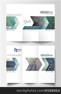 Tri-fold brochure business templates on both sides. Easy editable abstract layout in flat design, vector illustration. Chemistry pattern, hexagonal molecule structure. Medicine, science, technology concept.. Tri-fold brochure business templates on both sides. Easy editable layout in flat design, vector illustration. Chemistry pattern, hexagonal molecule structure. Medicine, science, technology concept.