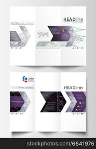 Tri-fold brochure business templates on both sides. Easy editable layout in flat style, vector illustration. Abstract waves, lines and curves. Dark color background. Motion design. Tri-fold brochure business templates on both sides. Easy editable layout in flat style, vector illustration. Abstract waves, lines and curves. Dark color background. Motion design.
