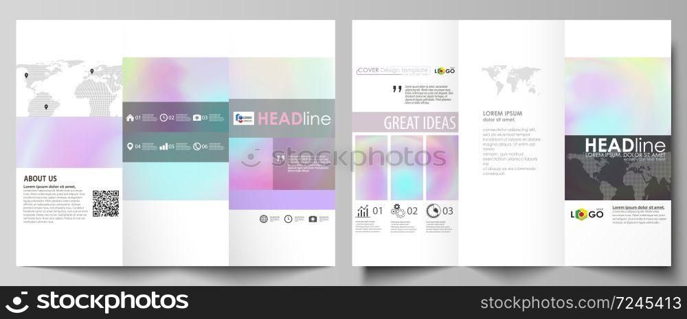 Tri-fold brochure business templates on both sides. Easy editable abstract vector layout in flat design. Hologram, background in pastel colors with holographic effect. Blurred colorful pattern, futuristic surreal texture.. Tri-fold brochure business templates on both sides. Abstract vector layout in flat design. Hologram, background in pastel colors with holographic effect. Blurred colorful pattern, futuristic texture.
