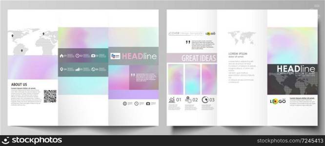 Tri-fold brochure business templates on both sides. Easy editable abstract vector layout in flat design. Hologram, background in pastel colors with holographic effect. Blurred colorful pattern, futuristic surreal texture.. Tri-fold brochure business templates on both sides. Abstract vector layout in flat design. Hologram, background in pastel colors with holographic effect. Blurred colorful pattern, futuristic texture.