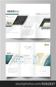 Tri-fold brochure business templates on both sides. Abstract layout in flat style. Soft color dots with illusion of depth and perspective, dotted background. Modern elegant vector design.. Tri-fold brochure business templates on both sides. Easy editable abstract vector layout in flat design. Abstract soft color dots with illusion of depth and perspective, dotted technology background. Multicolored particles, modern pattern, elegant texture, vector design.