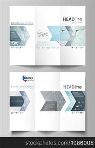 Tri-fold brochure business templates on both sides. Abstract vector layout in flat design. Chemistry pattern, connecting lines and dots, molecule structure, scientific medical DNA research.. Tri-fold brochure business templates on both sides. Easy editable abstract vector layout in flat design. Chemistry pattern, connecting lines and dots, molecule structure, scientific medical DNA research.