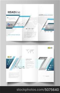 Tri-fold brochure business templates on both sides. Abstract vector layout in flat design. Chemistry pattern, connecting lines and dots, molecule structure on white, geometric graphic background.. Tri-fold brochure business templates on both sides. Easy editable abstract vector layout in flat design. Chemistry pattern, connecting lines and dots, molecule structure on white, geometric graphic background.