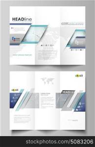 Tri-fold brochure business templates on both sides. Abstract vector layout in flat design. Chemistry pattern, connecting lines and dots, molecule structure, scientific medical DNA research.. Tri-fold brochure business templates on both sides. Easy editable abstract vector layout in flat design. Chemistry pattern, connecting lines and dots, molecule structure, scientific medical DNA research.