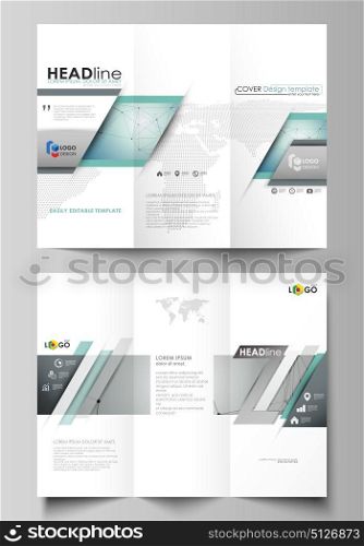Tri-fold brochure business templates on both sides. Abstract vector layout in flat design. Geometric background, connected line and dots. Molecular structure. Scientific, medical, technology concept.. Tri-fold brochure business templates on both sides. Easy editable abstract vector layout in flat design. Geometric background, connected line and dots. Molecular structure. Scientific, medical, technology concept.