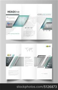 Tri-fold brochure business templates on both sides. Abstract vector layout in flat design. Geometric background, connected line and dots. Molecular structure. Scientific, medical, technology concept.. Tri-fold brochure business templates on both sides. Easy editable abstract vector layout in flat design. Geometric background, connected line and dots. Molecular structure. Scientific, medical, technology concept.