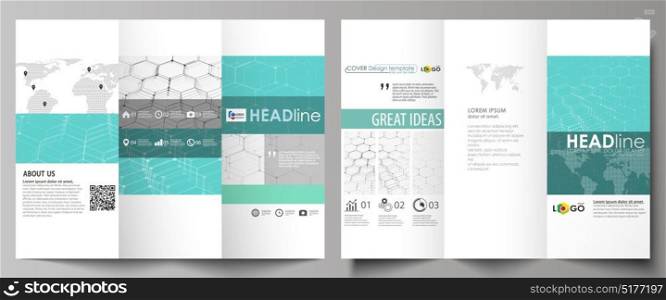 Tri-fold brochure business templates on both sides. Abstract vector layout in flat design. Chemistry pattern, hexagonal molecule structure on blue. Medicine, science and technology concept. Tri-fold brochure business templates on both sides. Abstract vector layout in flat design. Chemistry pattern, hexagonal molecule structure on blue. Medicine, science and technology concept.