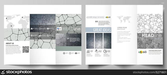 Tri-fold brochure business templates on both sides. Abstract vector layout in flat design. Chemistry pattern, molecular texture, polygonal molecule structure, cell. Medicine, microbiology concept.. Tri-fold brochure business templates on both sides. Easy editable abstract vector layout in flat design. Chemistry pattern, molecular texture, polygonal molecule structure, cell. Medicine, science, microbiology concept.