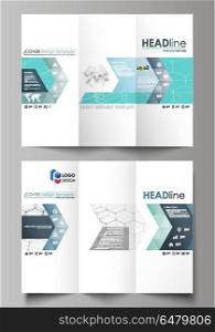 Tri-fold brochure business templates on both sides. Abstract vector layout in flat design. Chemistry pattern, hexagonal molecule structure on blue. Medicine, science and technology concept.. Tri-fold brochure business templates on both sides. Easy editable abstract vector layout in flat design. Chemistry pattern, hexagonal molecule structure on blue. Medicine, science and technology concept.