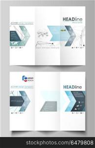 Tri-fold brochure business templates on both sides. Abstract vector layout in flat design. Chemistry pattern, connecting lines and dots, molecule structure on white, geometric graphic background.. Tri-fold brochure business templates on both sides. Easy editable abstract vector layout in flat design. Chemistry pattern, connecting lines and dots, molecule structure on white, geometric graphic background.