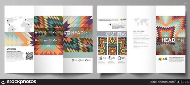 Tri-fold brochure business templates on both sides. Abstract vector layout in flat design. Tribal pattern, geometrical ornament in ethno syle, ethnic hipster backdrop, vintage fashion background.. Tri-fold brochure business templates on both sides. Easy editable abstract vector layout in flat design. Tribal pattern, geometrical ornament in ethno syle, ethnic hipster backdrop, vintage fashion background.