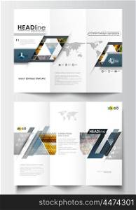 Tri-fold brochure business templates on both sides. Easy editable abstract layout in flat design. Abstract multicolored background of nature landscapes, geometric triangular style, vector illustration.