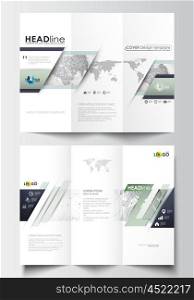 Tri-fold brochure business templates on both sides. Easy editable abstract layout in flat design. Dotted world globe with construction and polygonal molecules on gray background, vector illustration